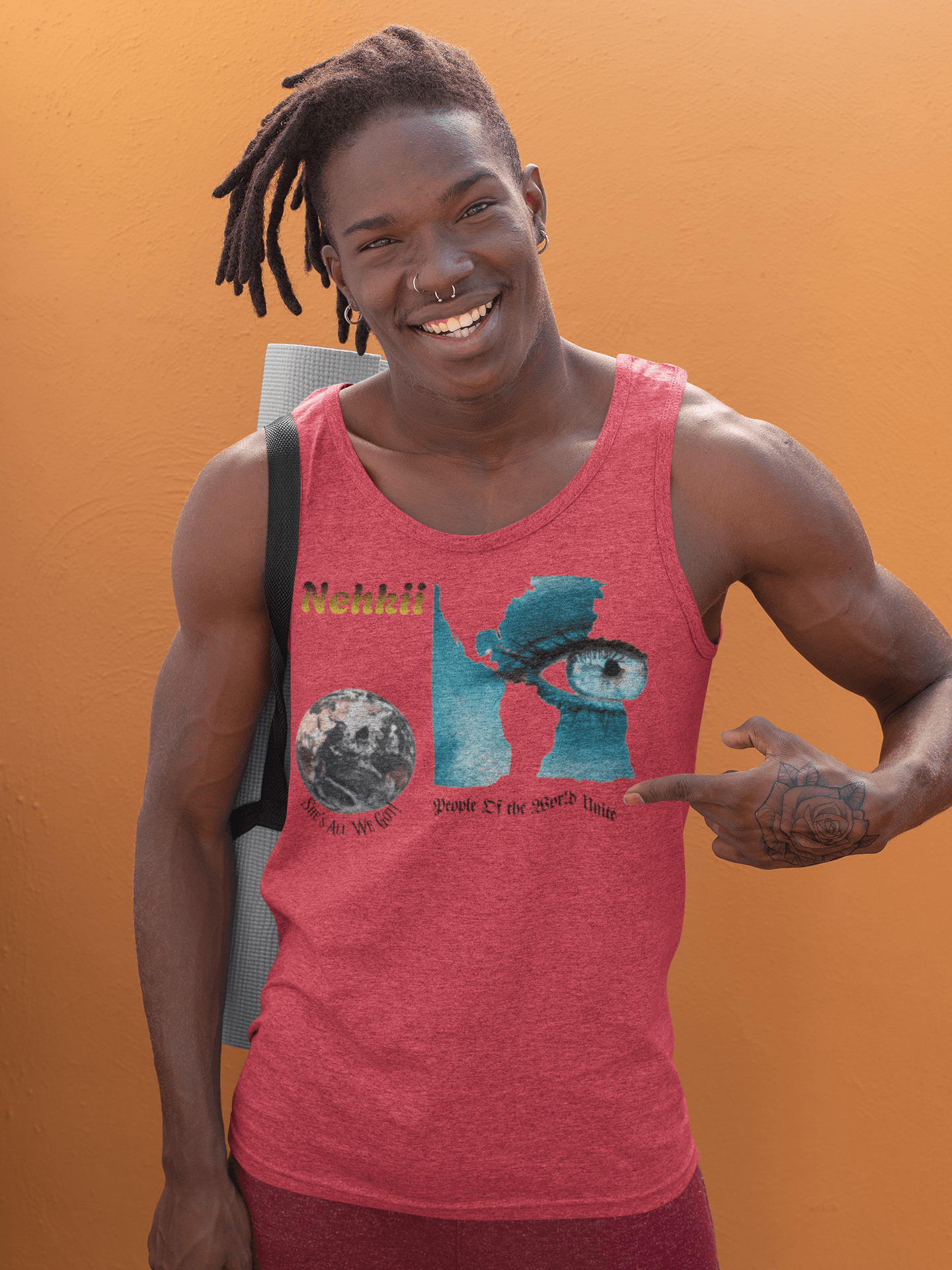 Eco-friendly Earth Soul Tank Top for men in red, featuring bold Earth and eye design, crafted from breathable 100% cotton fabric.