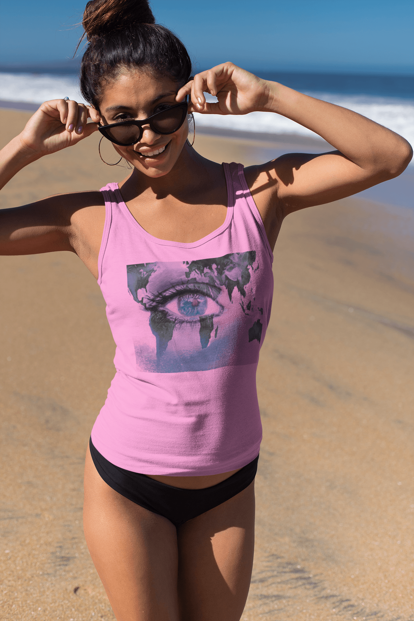 Spirit Tank Top for Women in soft lavender with eye and map design. Eco-conscious cotton tank top offering breathable comfort for warm days.