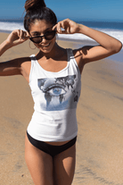Spirit Tank Top for Women in white with detailed eye and world map print. Lightweight cotton tank top for sustainable and stylish beachwear.