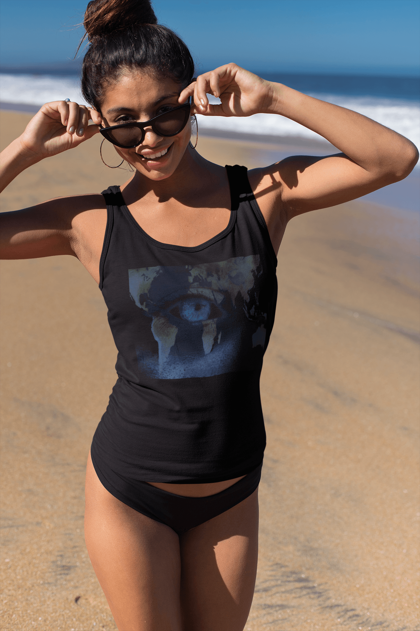 Spirit Tank Top for Women in classic black with artistic eye and map design. Eco-friendly cotton tank top ideal for versatile summer styling.