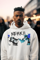 Men's cotton hoodie in white featuring NEHKII graphic print. Eco-friendly and sustainable fashion for modern streetwear style.