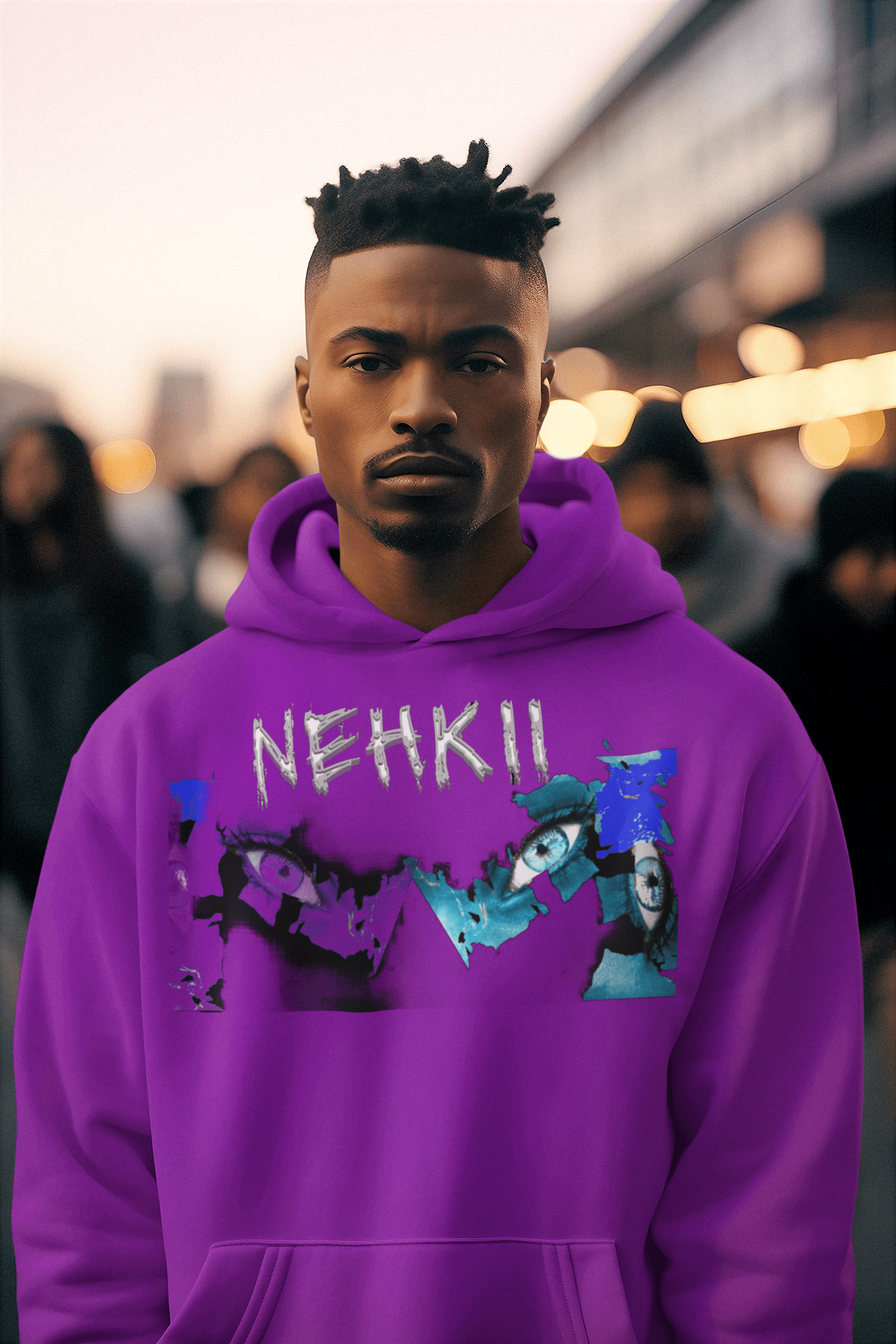 Eco-friendly men's cotton hoodie in purple with bold NEHKII artwork. Sustainable fashion choice for vibrant streetwear appeal.