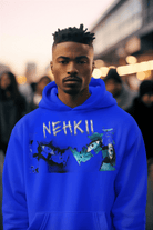 Blue men's cotton hoodie with NEHKII graphic. Sustainable fashion made from organic cotton for eco-conscious streetwear lovers.