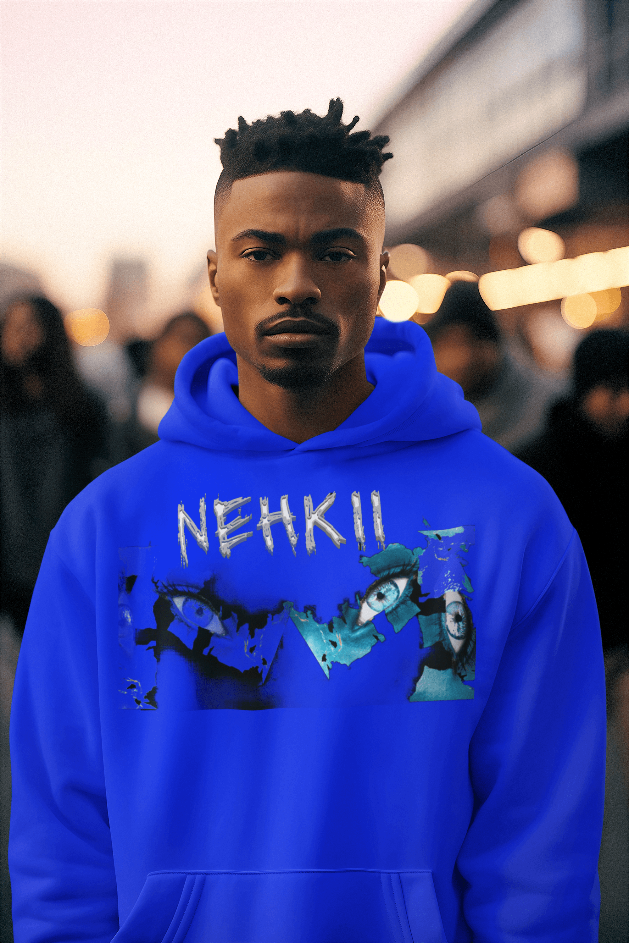 Blue men's cotton hoodie with NEHKII graphic. Sustainable fashion made from organic cotton for eco-conscious streetwear lovers.