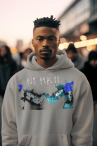 Light grey eco-friendly men's cotton hoodie with NEHKII print. Sustainable fashion for minimalist streetwear enthusiasts.