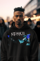 Black eco-friendly men's cotton hoodie with NEHKII design. Sustainable comfort meets edgy streetwear fashion.