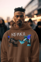 Brown men's cotton hoodie featuring NEHKII artwork. Made from organic materials for a sustainable and stylish wardrobe.