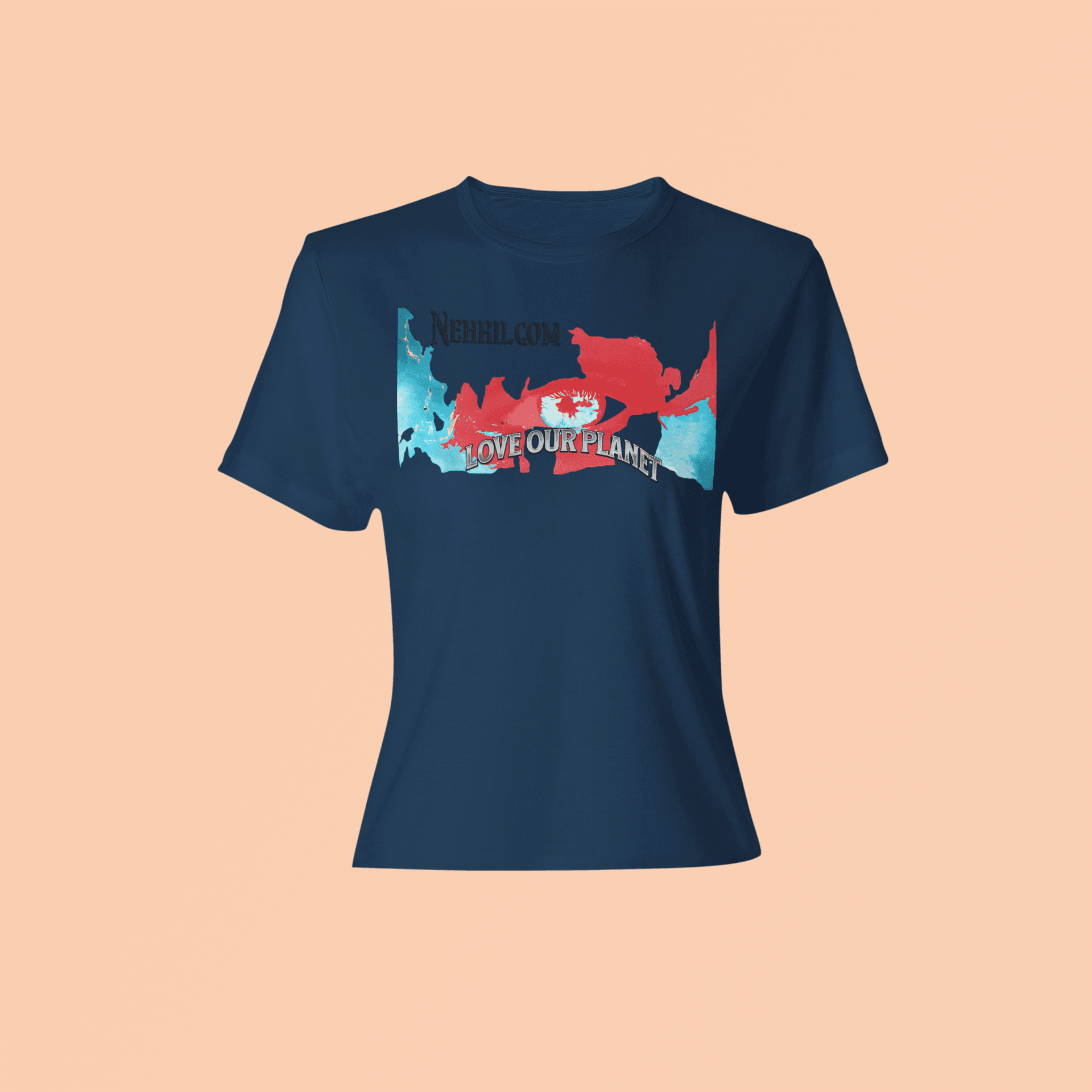 Navy blue sustainable t-shirt with vibrant 'Love Our Planet' graphic. Breathable and ideal for eco-friendly fashion.