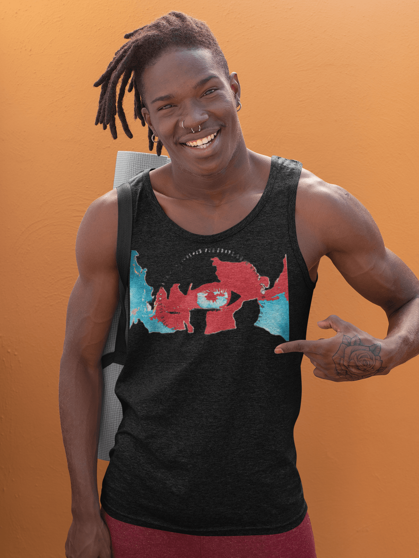 Black men's sustainable cotton tank top with vivid eye and map design, offering comfort and eco-friendly fashion for warm weather.