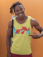 Yellow men's sustainable tank top crafted from 100% cotton with a striking red and blue eye graphic, great for eco-conscious style.