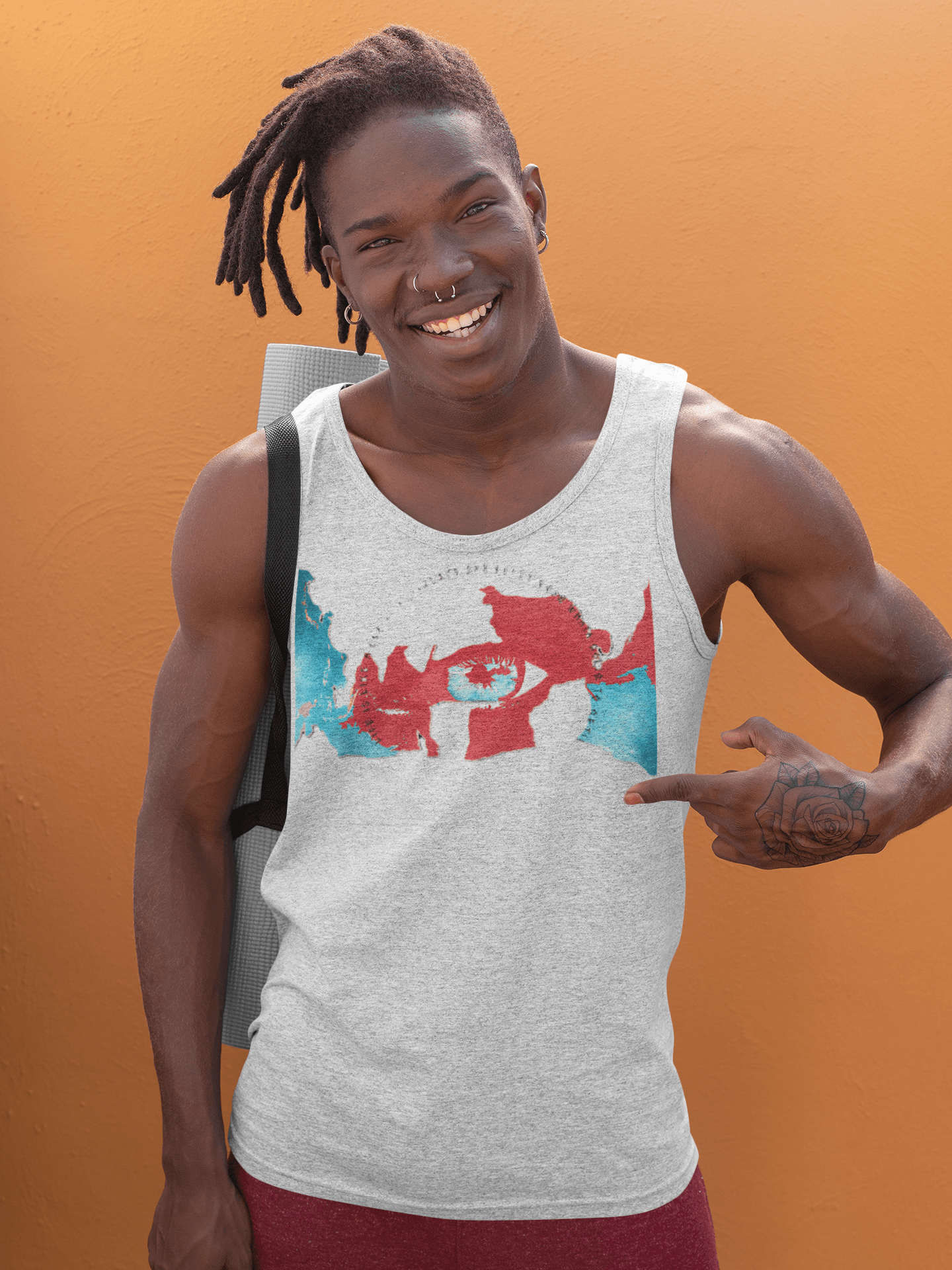 Light gray men's eco-conscious tank top featuring a red and blue eye graphic, made from 100% breathable cotton for summer wear.