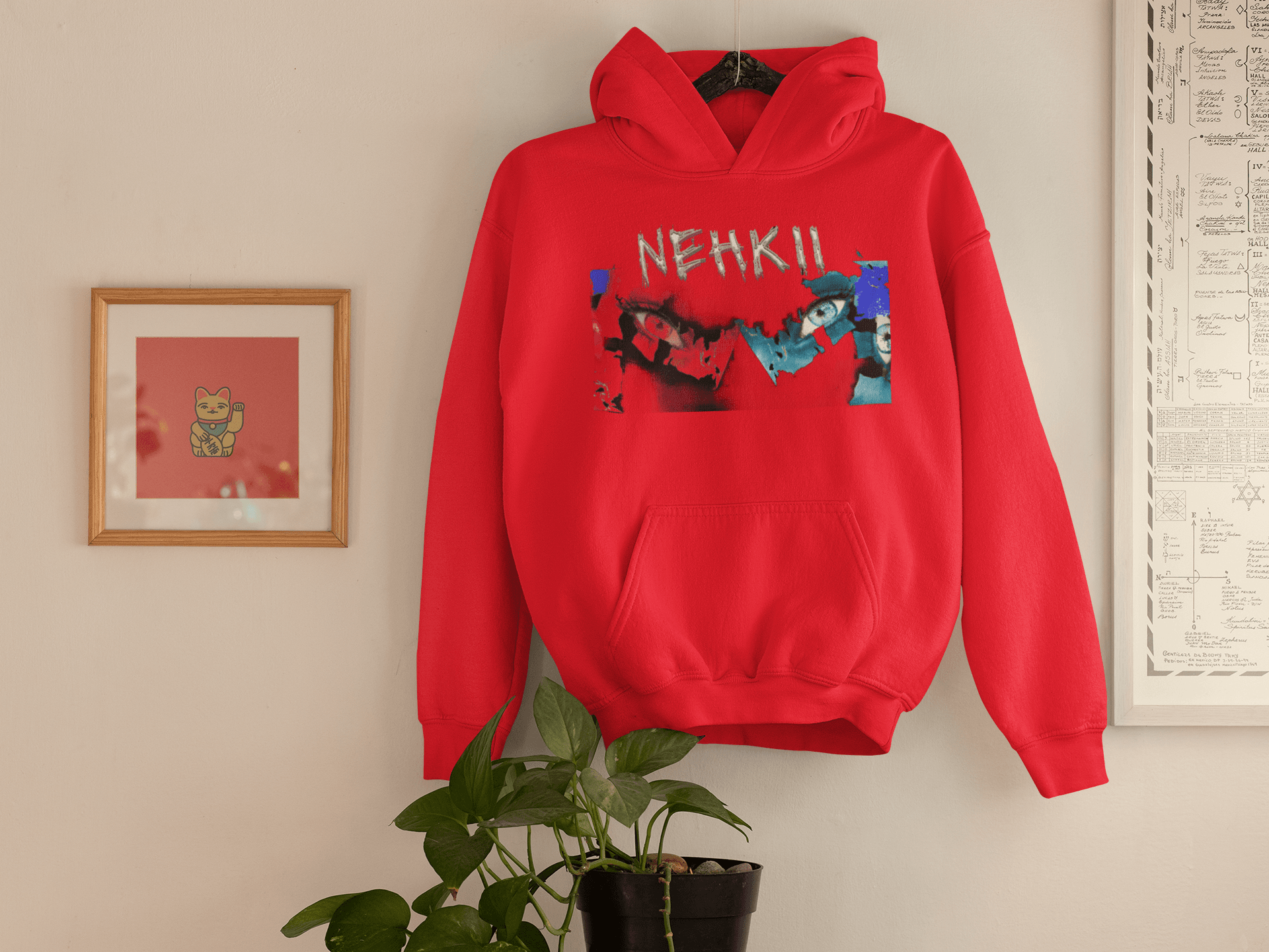 Red sustainable men's hoodie with NEHKII street art print, made from eco-friendly pure cotton for bold fashion statements.