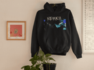 Black eco-friendly men's cotton hoodie with NEHKII graffiti-style design, sustainable and durable fashion for everyday wear.