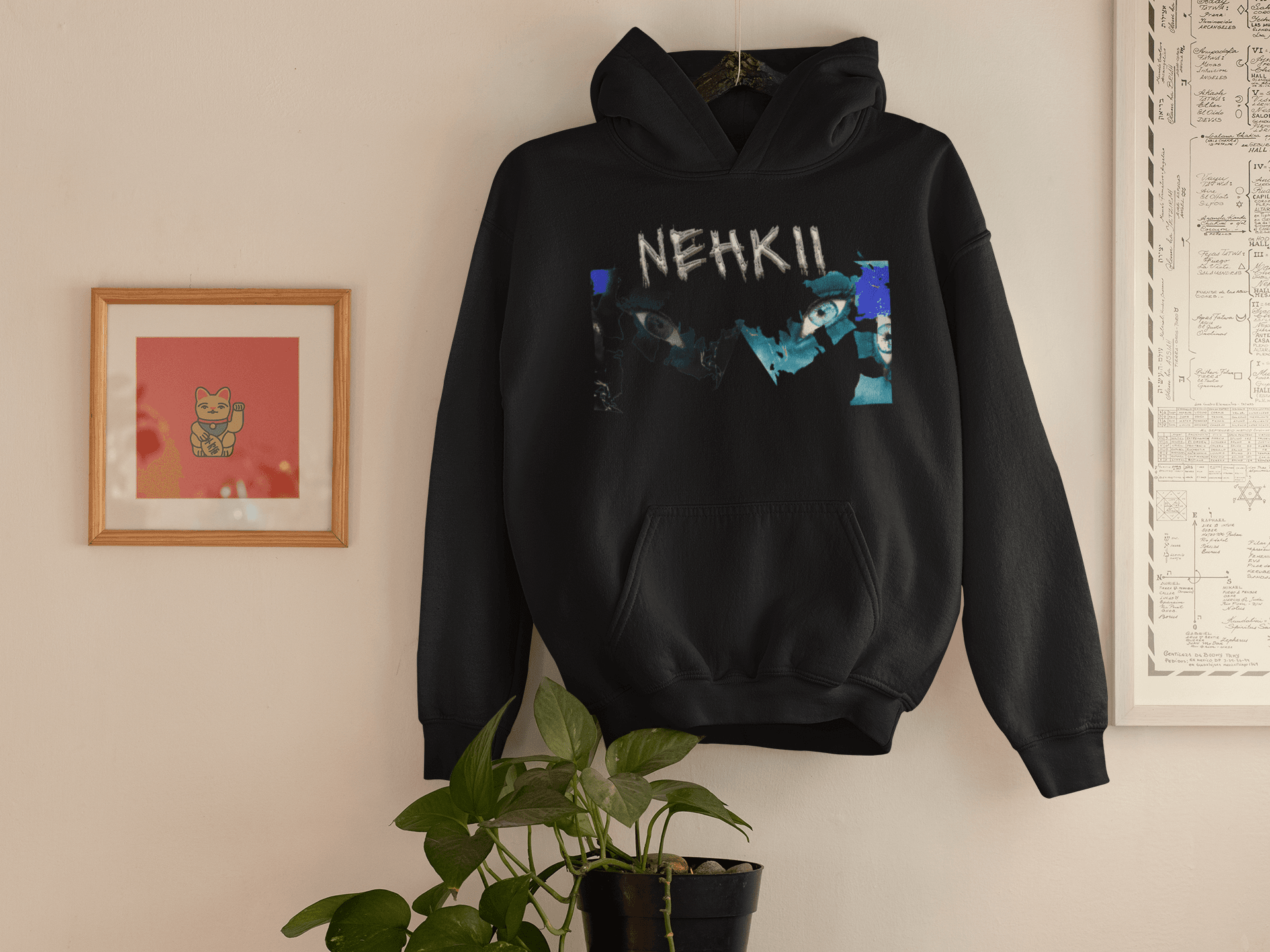 Black eco-friendly men's cotton hoodie with NEHKII graffiti-style design, sustainable and durable fashion for everyday wear.