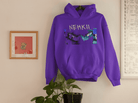 Purple eco-friendly men's hoodie with NEHKII street art design, made from pure cotton for sustainable fashion lovers.