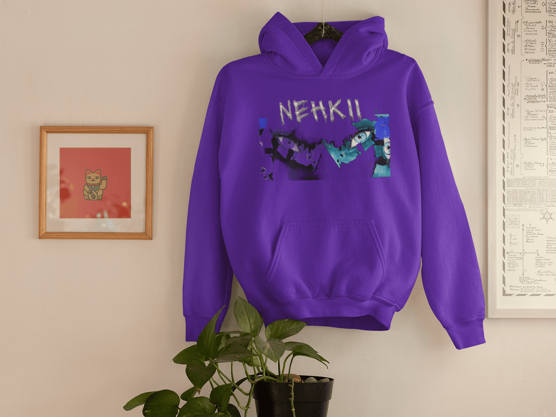 Purple eco-friendly men's hoodie with NEHKII street art design, made from pure cotton for sustainable fashion lovers.