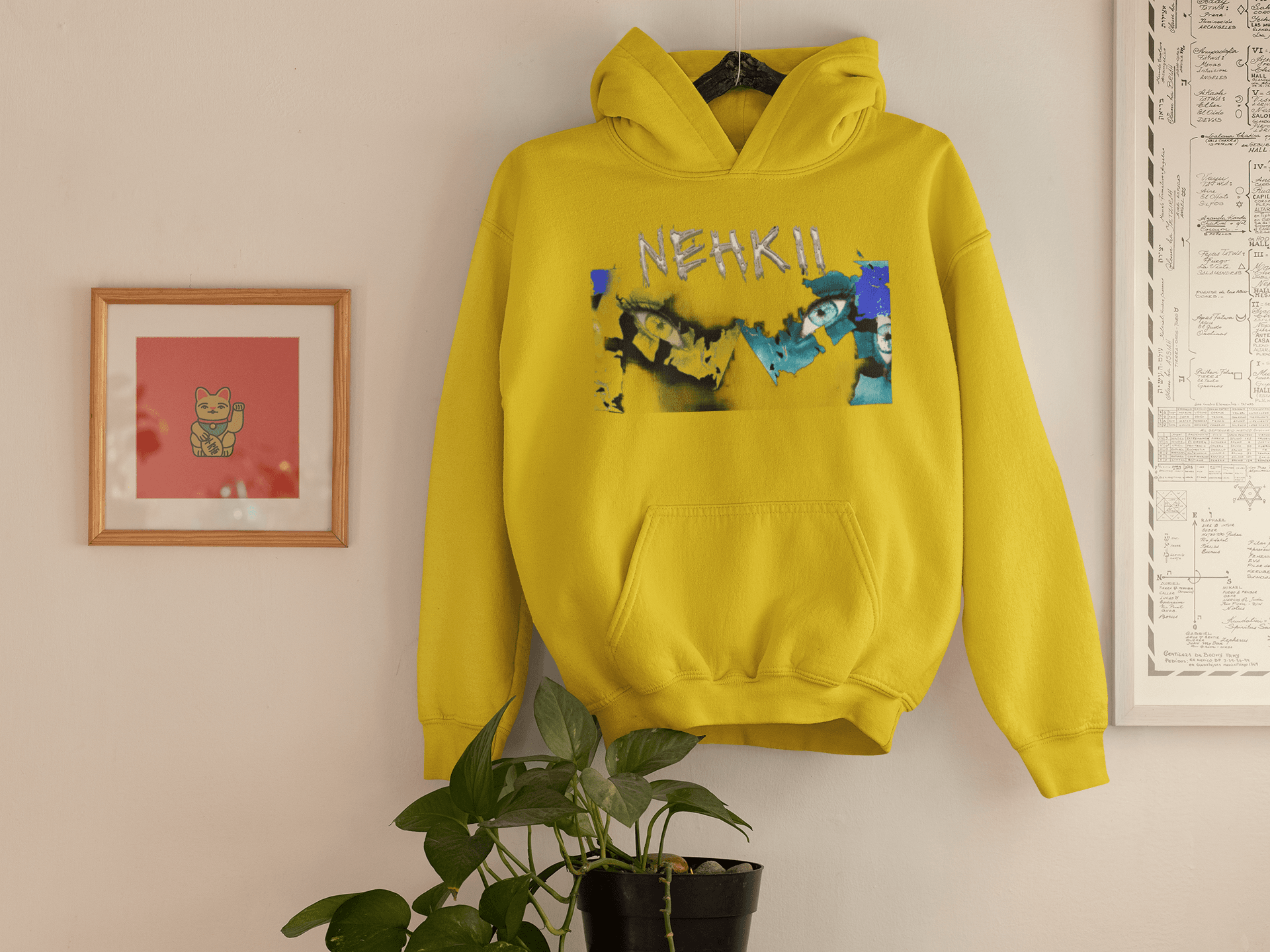 Yellow men's cotton hoodie with NEHKII graphic, sustainable and eco-conscious fashion made from durable pure cotton.