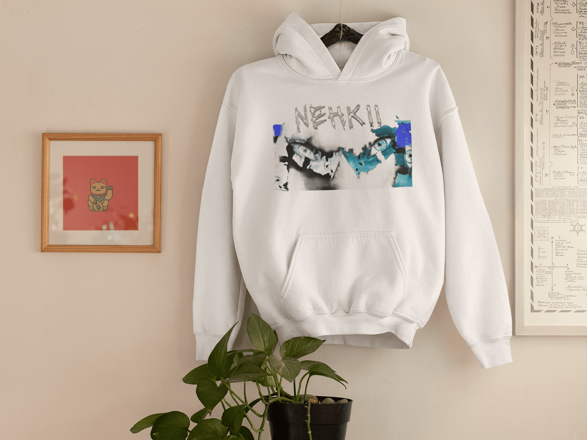White sustainable men's hoodie with NEHKII graphic, made from eco-friendly pure cotton for clean and powerful fashion.