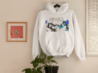 White eco-friendly men's cotton hoodie with NEHKII graffiti print, sustainable fashion made from durable pure cotton.