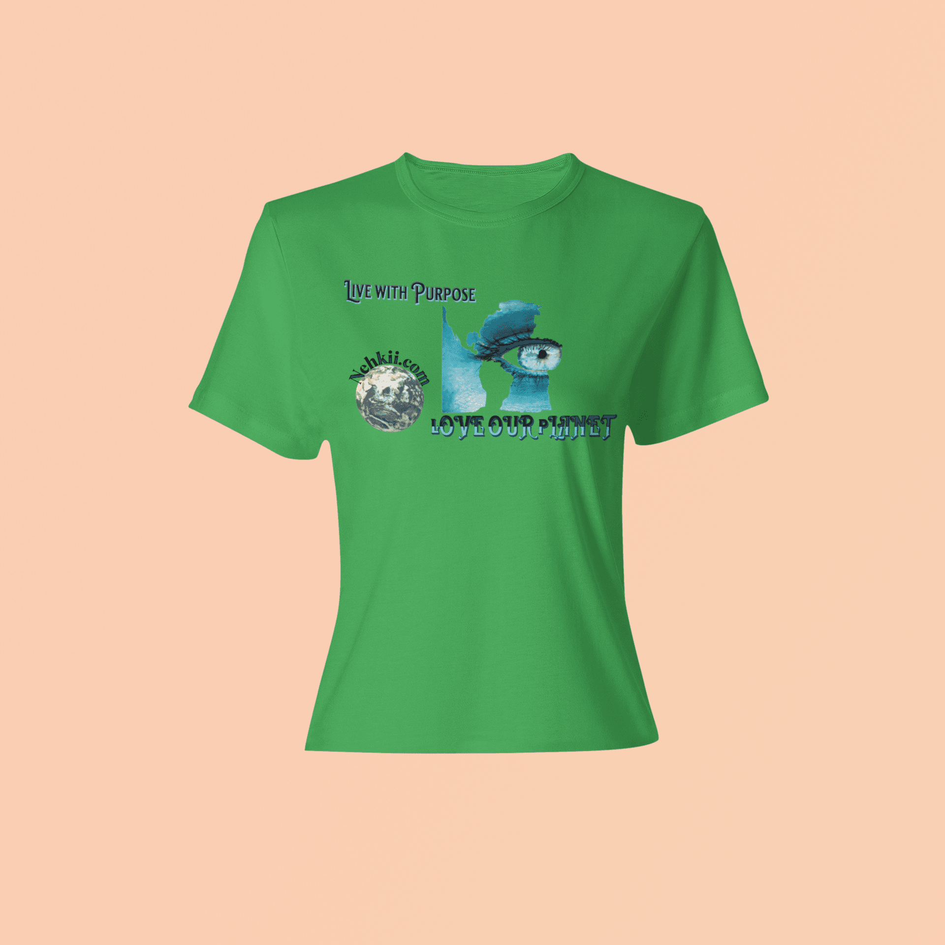 Green eco-friendly men's t-shirt featuring 'Make Earth Smile Again' slogan and earth-themed artwork. Perfect for eco-conscious wardrobes.