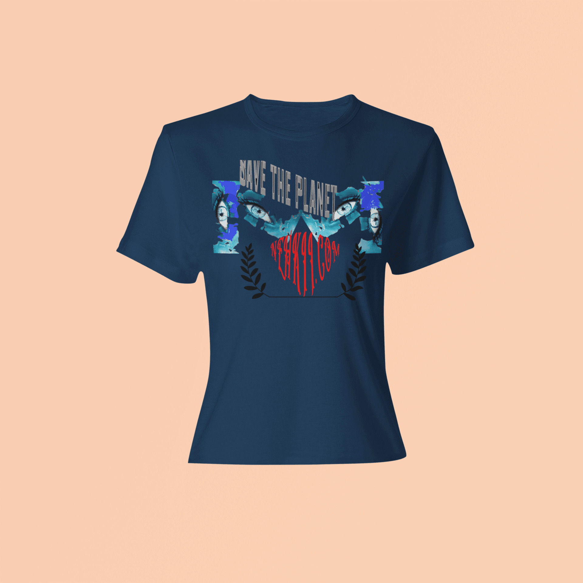 Navy Eco Inspire T-Shirt featuring 'Save the Planet' artwork and collage. Lightweight, breathable tank top for sustainable fashion lovers.