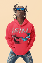 Sacred Ground Hoodie for Men in bold red with graphic NEHKII design, eco-friendly cotton hoodie from Balance Apparel collection.