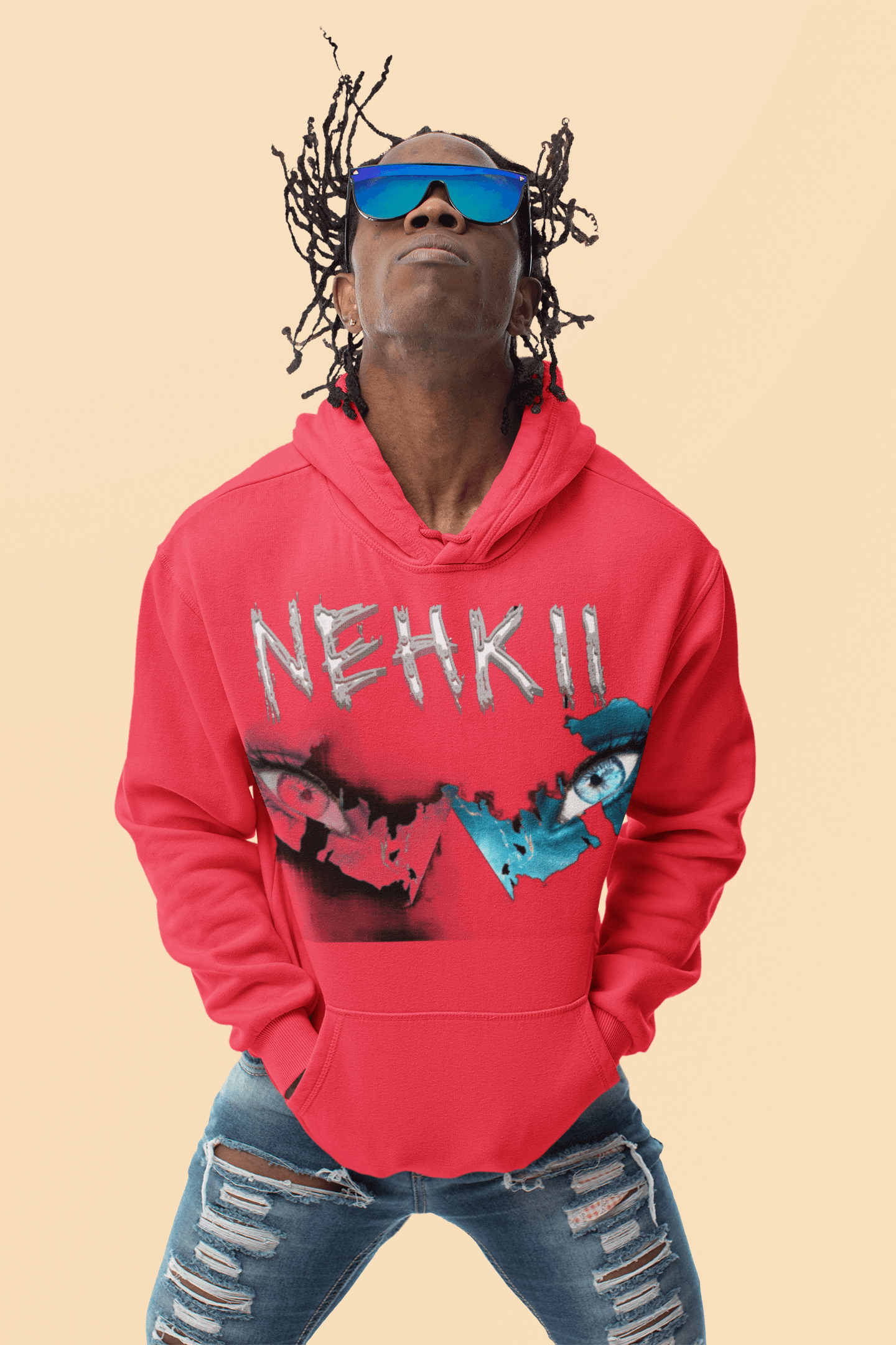 Sacred Ground Hoodie for Men in bold red with graphic NEHKII design, eco-friendly cotton hoodie from Balance Apparel collection.