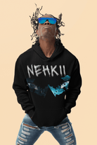 Sacred Ground Hoodie for Men in black with NEHKII graphic print, sustainable cotton hoodie combining streetwear and eco-conscious fashion.