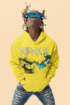 Sacred Ground Hoodie for Men in vibrant yellow featuring NEHKII artwork, sustainable cotton hoodie ideal for eco-conscious fashion lovers.