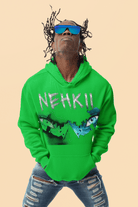 Sacred Ground Hoodie for Men in bright green with NEHKII graphic, eco-friendly cotton hoodie for bold and sustainable streetwear.