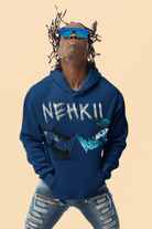 Sacred Ground Hoodie for Men in navy blue with edgy NEHKII print, crafted from sustainable cotton for modern conscious wearers.
