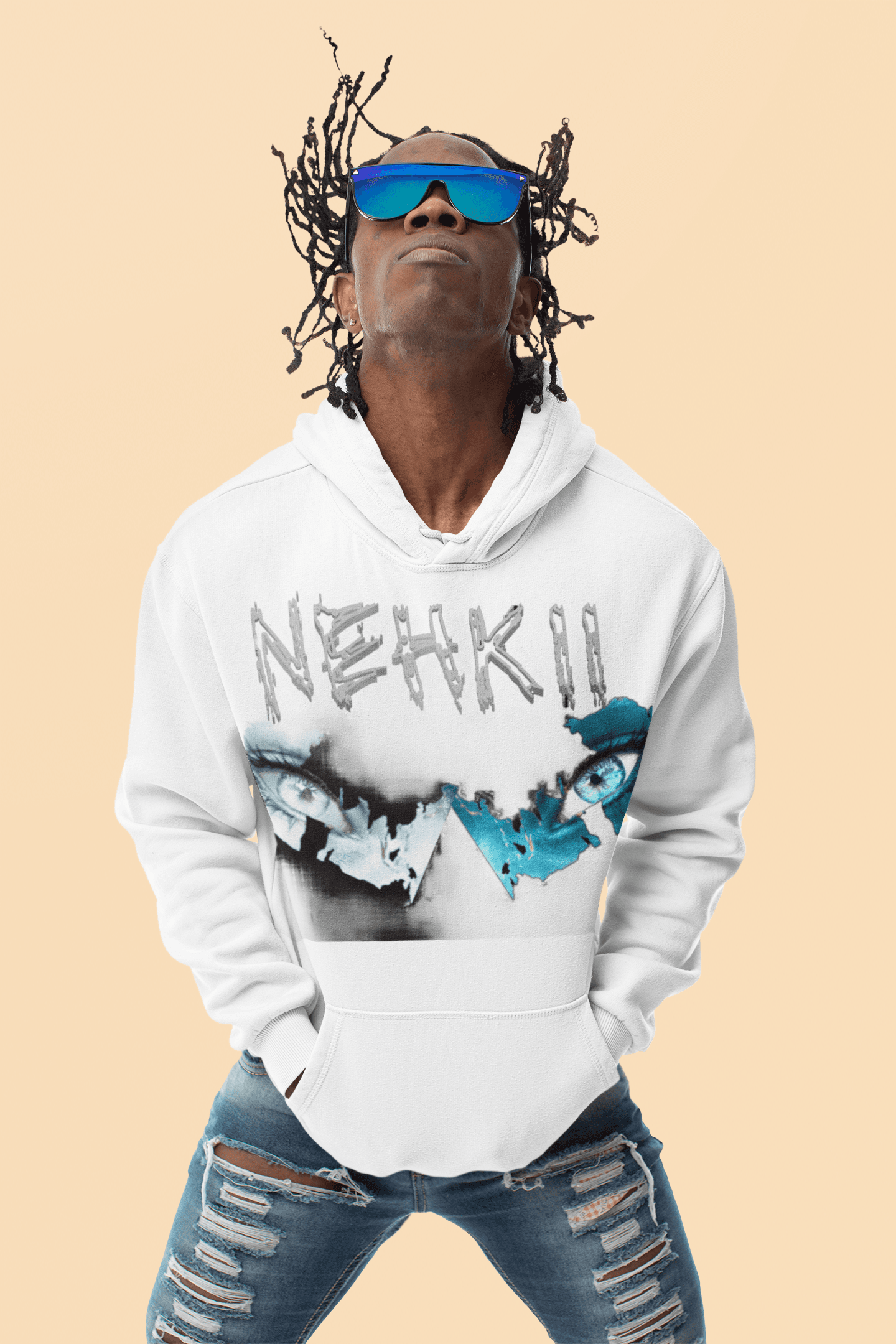 Sacred Ground Hoodie for Men in clean white with NEHKII street-style graphic, made from eco-friendly cotton for ethical fashion.