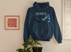 Navy blue men's cotton hoodie with NEHKII graphic, eco-conscious and sustainable fashion made from pure cotton.