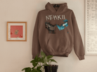 Brown eco-friendly men's cotton hoodie with NEHKII print, sustainable and durable streetwear made from pure cotton.