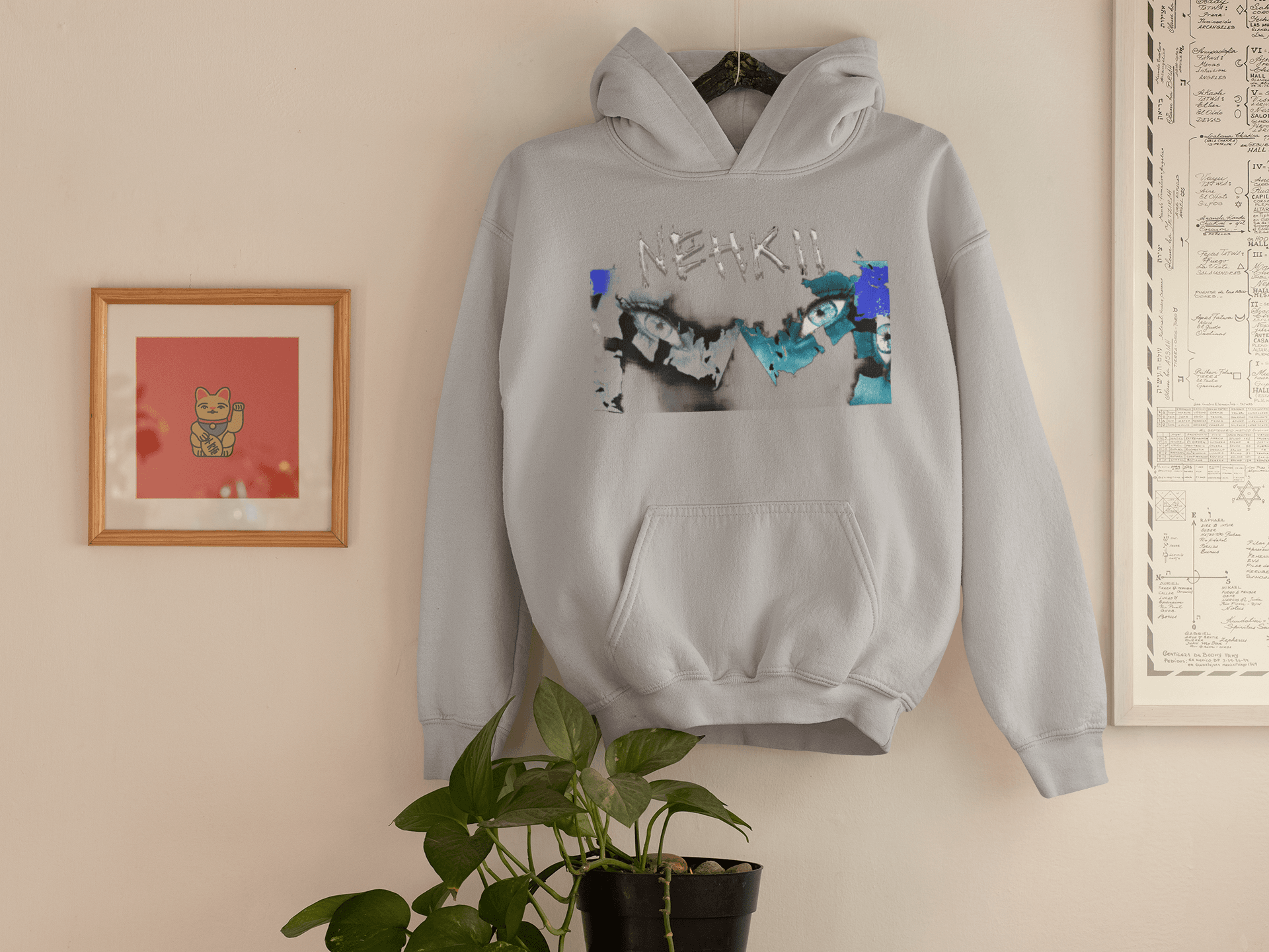 Light grey men's cotton hoodie with NEHKII graffiti design, eco-friendly and sustainable fashion made from pure cotton.