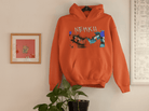 Orange eco-friendly men's hoodie with NEHKII street art print, made from durable pure cotton for sustainable fashion.