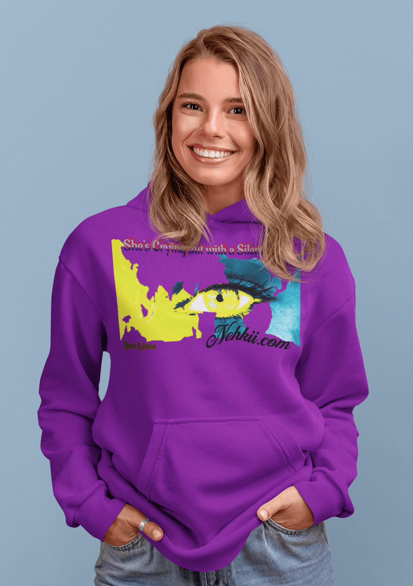 Purple Women’s Prove Strong Hoodie with expressive eye print and silent voice quote. Empowering fashion for everyday wear.