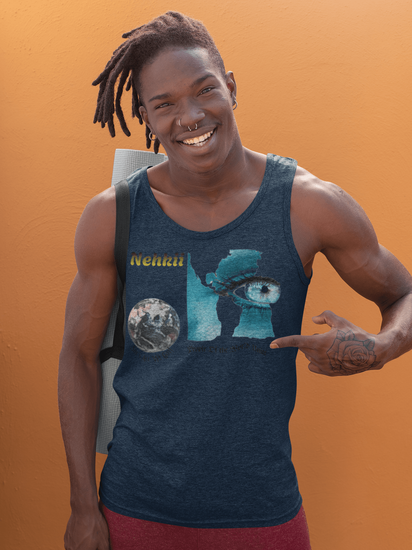 Navy blue men's eco-friendly tank top with unique eye, earth, and map print, made from pure cotton for ethical and breathable wear.